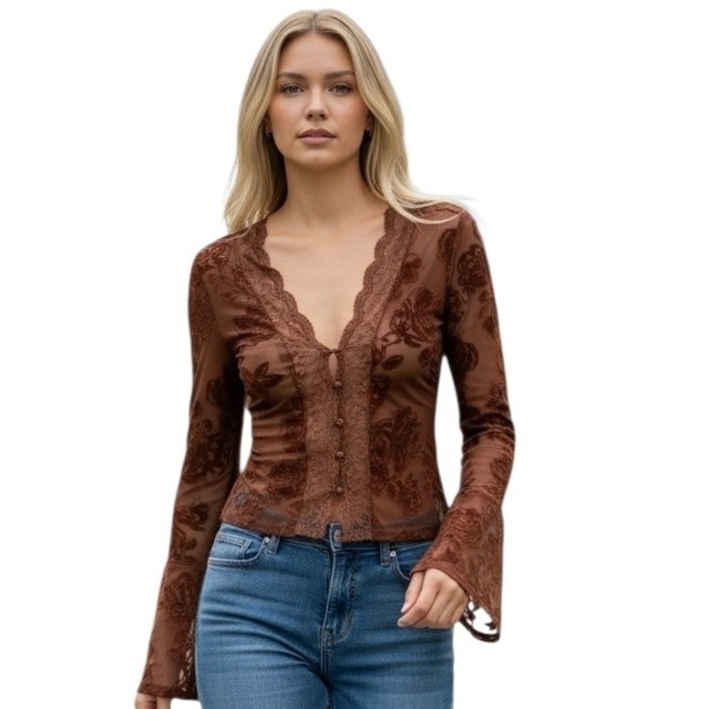 Y2k Whimsical Fairygrunge Womens Size Small‎ Flocked Lace Metallic Cardigan Top